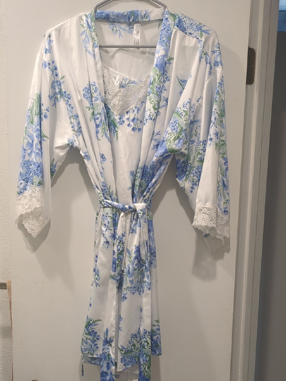 Flora Nikrooz Lace-Trim White and Blue Satin Robe - Women Intimates & Sleepwear